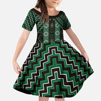 New Zealand Aotearoa Family Matching Mermaid Dress and Hawaiian Shirt Green Poutama With Taniko Pattern LT05 Daughter's Dress Green - Polynesian Pride
