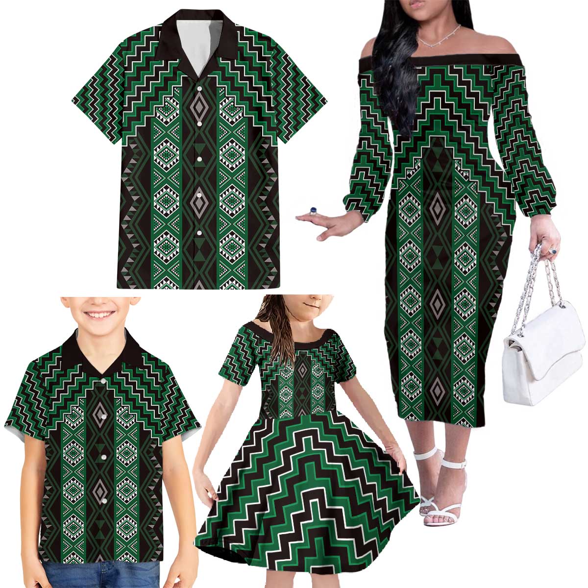 New Zealand Aotearoa Family Matching Off The Shoulder Long Sleeve Dress and Hawaiian Shirt Green Poutama With Taniko Pattern LT05