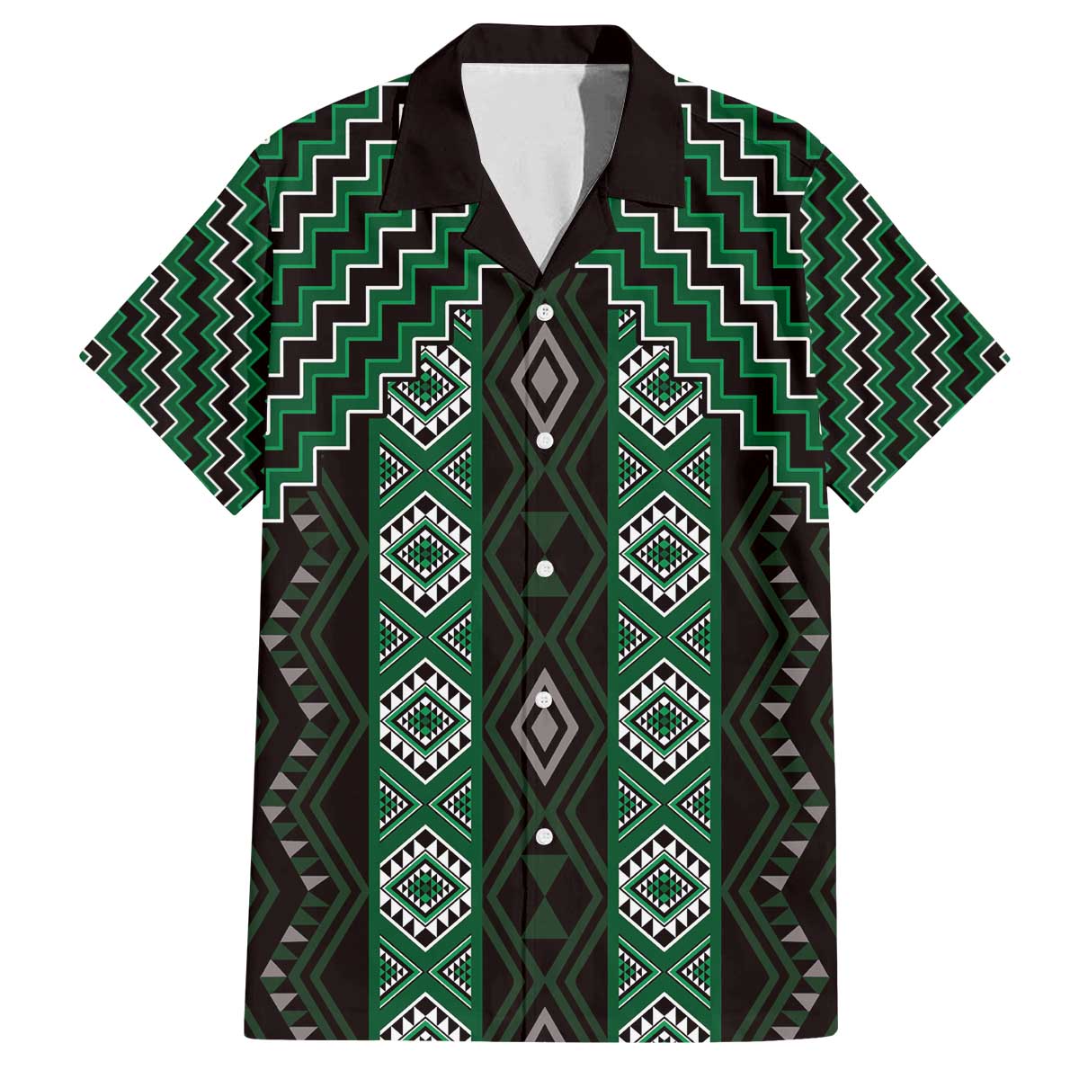 New Zealand Aotearoa Family Matching Off The Shoulder Long Sleeve Dress and Hawaiian Shirt Green Poutama With Taniko Pattern LT05