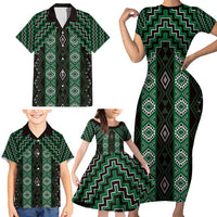 New Zealand Aotearoa Family Matching Short Sleeve Bodycon Dress and Hawaiian Shirt Green Poutama With Taniko Pattern LT05 - Polynesian Pride