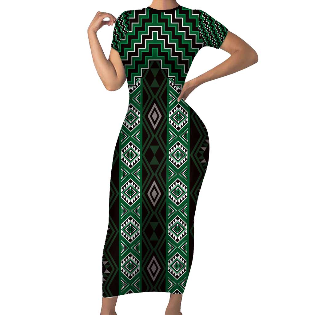 New Zealand Aotearoa Family Matching Short Sleeve Bodycon Dress and Hawaiian Shirt Green Poutama With Taniko Pattern LT05 Mom's Dress Green - Polynesian Pride