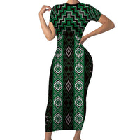 New Zealand Aotearoa Family Matching Short Sleeve Bodycon Dress and Hawaiian Shirt Green Poutama With Taniko Pattern LT05 Mom's Dress Green - Polynesian Pride