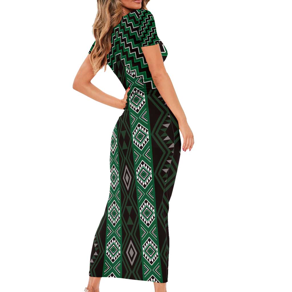 New Zealand Aotearoa Family Matching Short Sleeve Bodycon Dress and Hawaiian Shirt Green Poutama With Taniko Pattern LT05 - Polynesian Pride