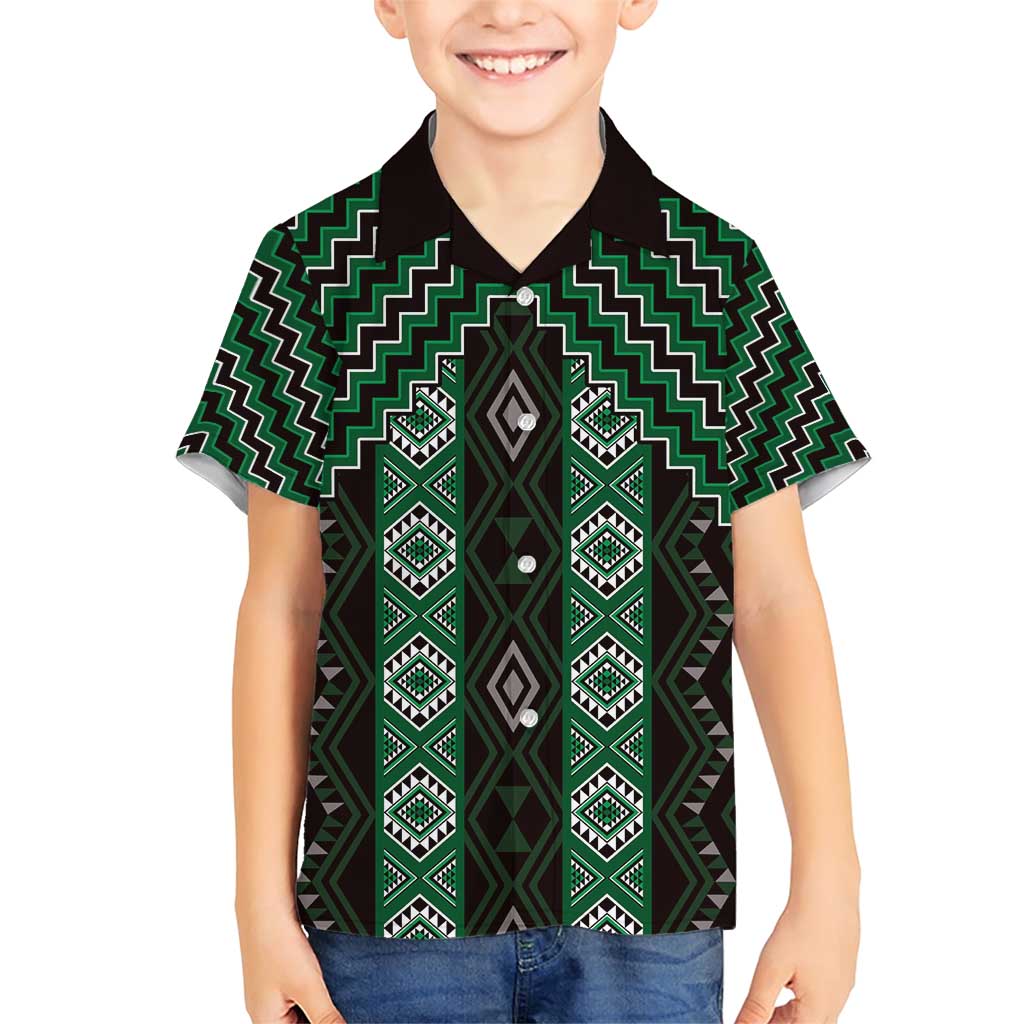 New Zealand Aotearoa Family Matching Short Sleeve Bodycon Dress and Hawaiian Shirt Green Poutama With Taniko Pattern LT05 Son's Shirt Green - Polynesian Pride