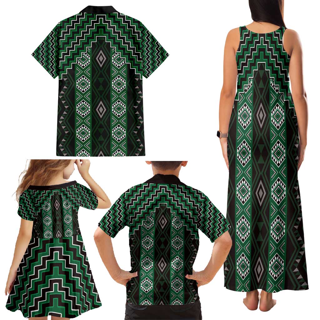 New Zealand Aotearoa Family Matching Tank Maxi Dress and Hawaiian Shirt Green Poutama With Taniko Pattern LT05