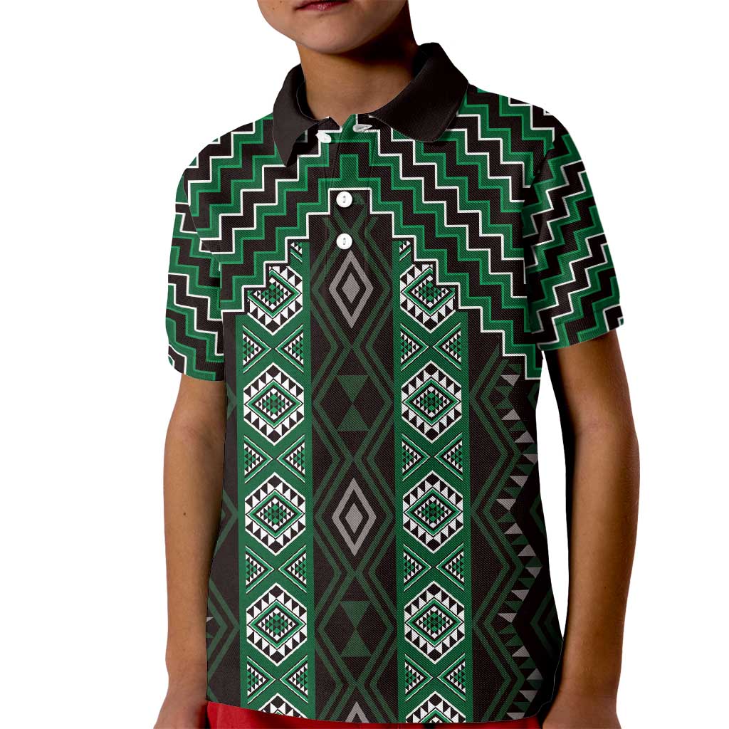New Zealand Aotearoa Kid Polo Shirt Green Poutama With Taniko Pattern LT05