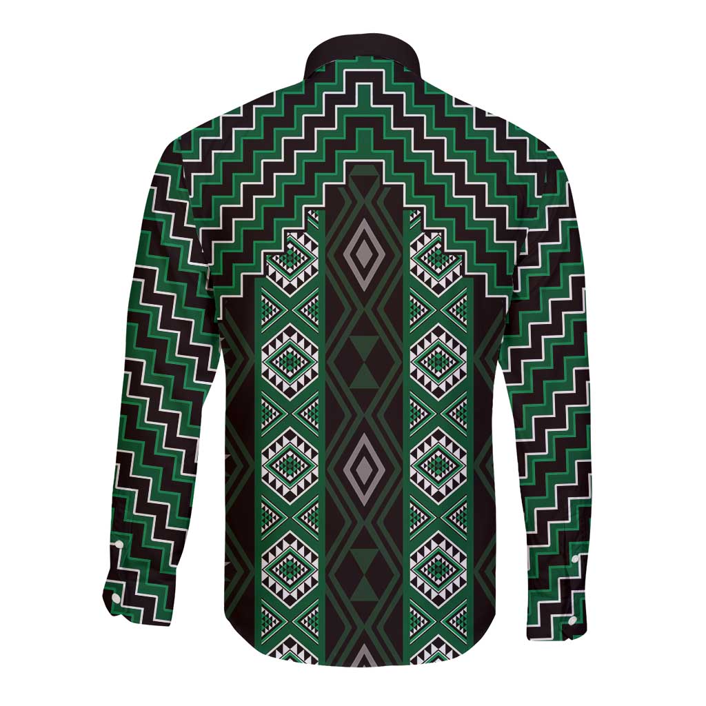 New Zealand Aotearoa Long Sleeve Button Shirt Green Poutama With Taniko Pattern LT05