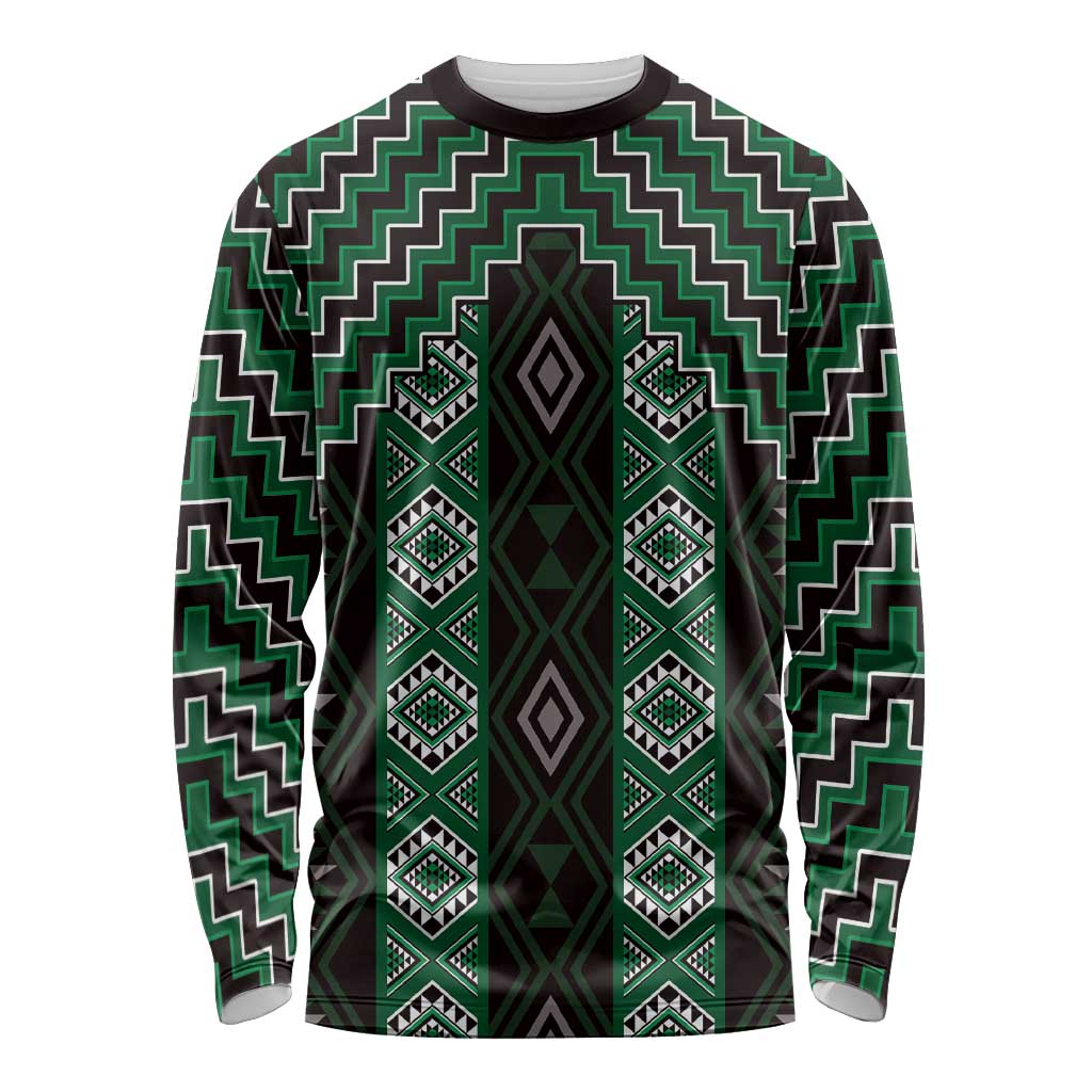 New Zealand Aotearoa Long Sleeve Shirt Green Poutama With Taniko Pattern LT05