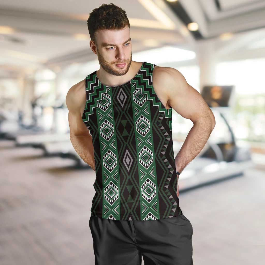 New Zealand Aotearoa Men Tank Top Green Poutama With Taniko Pattern LT05