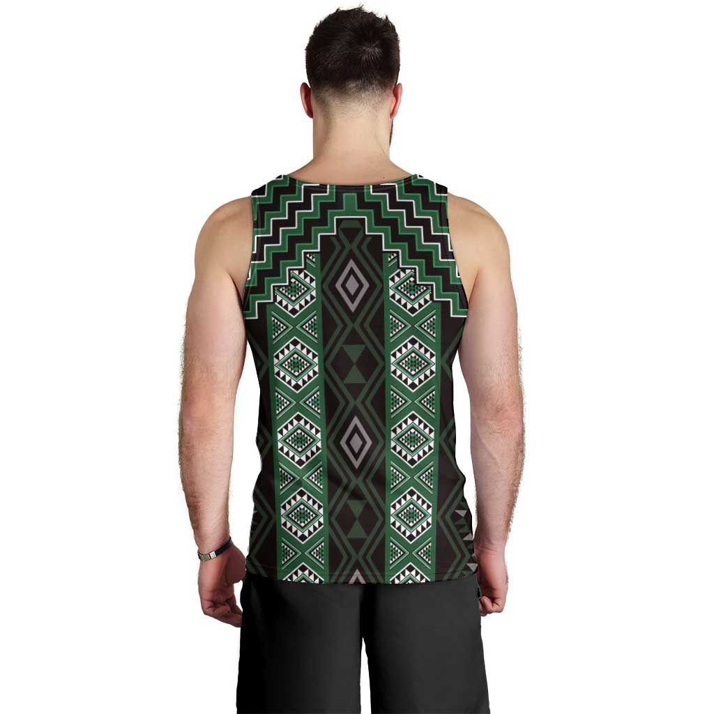 New Zealand Aotearoa Men Tank Top Green Poutama With Taniko Pattern LT05