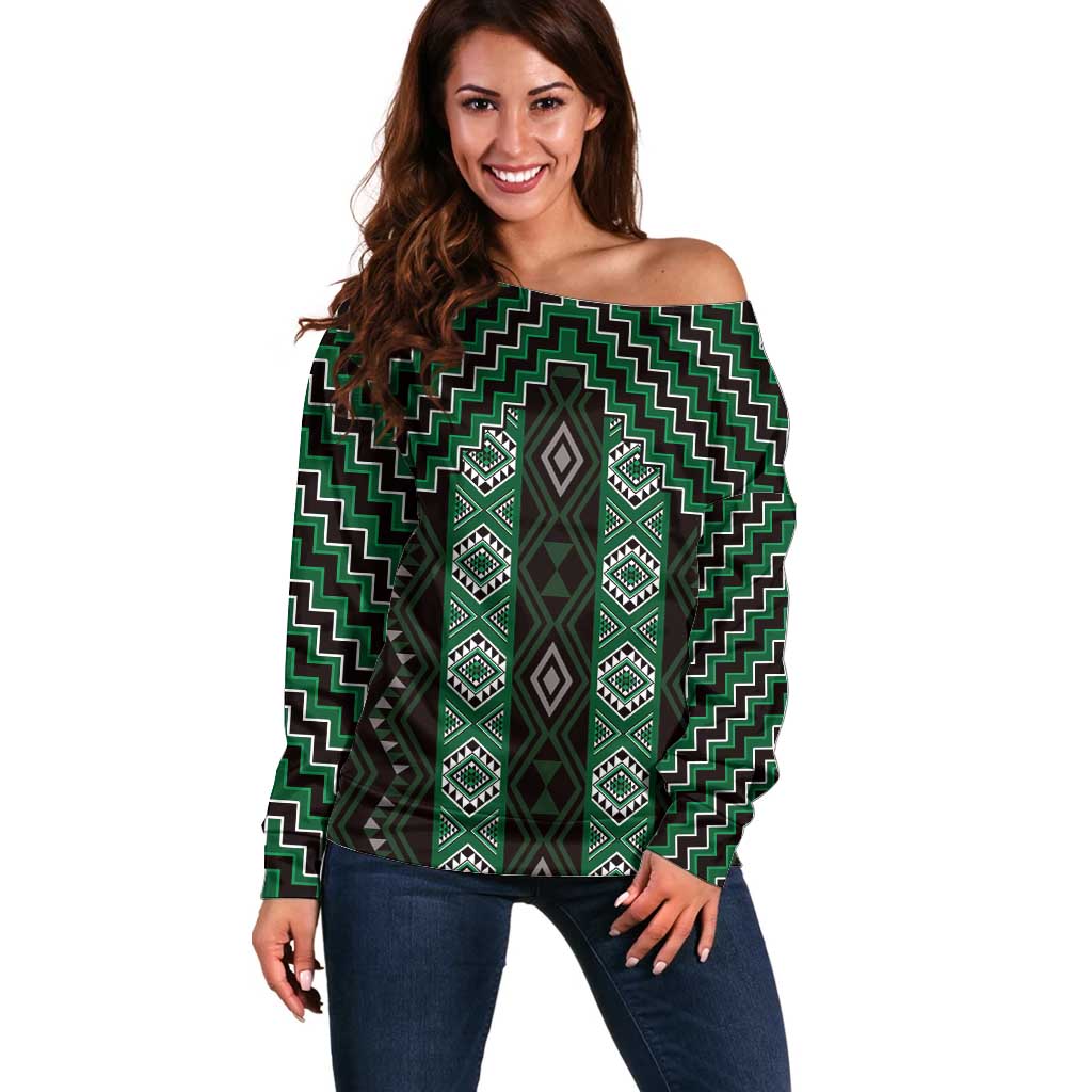 New Zealand Aotearoa Off Shoulder Sweater Green Poutama With Taniko Pattern LT05