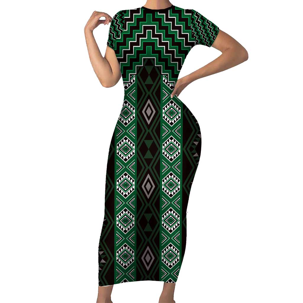 New Zealand Aotearoa Short Sleeve Bodycon Dress Green Poutama With Taniko Pattern LT05