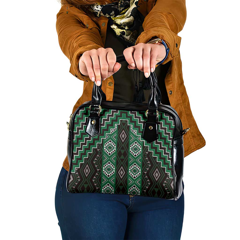 New Zealand Aotearoa Shoulder Handbag Green Poutama With Taniko Pattern LT05