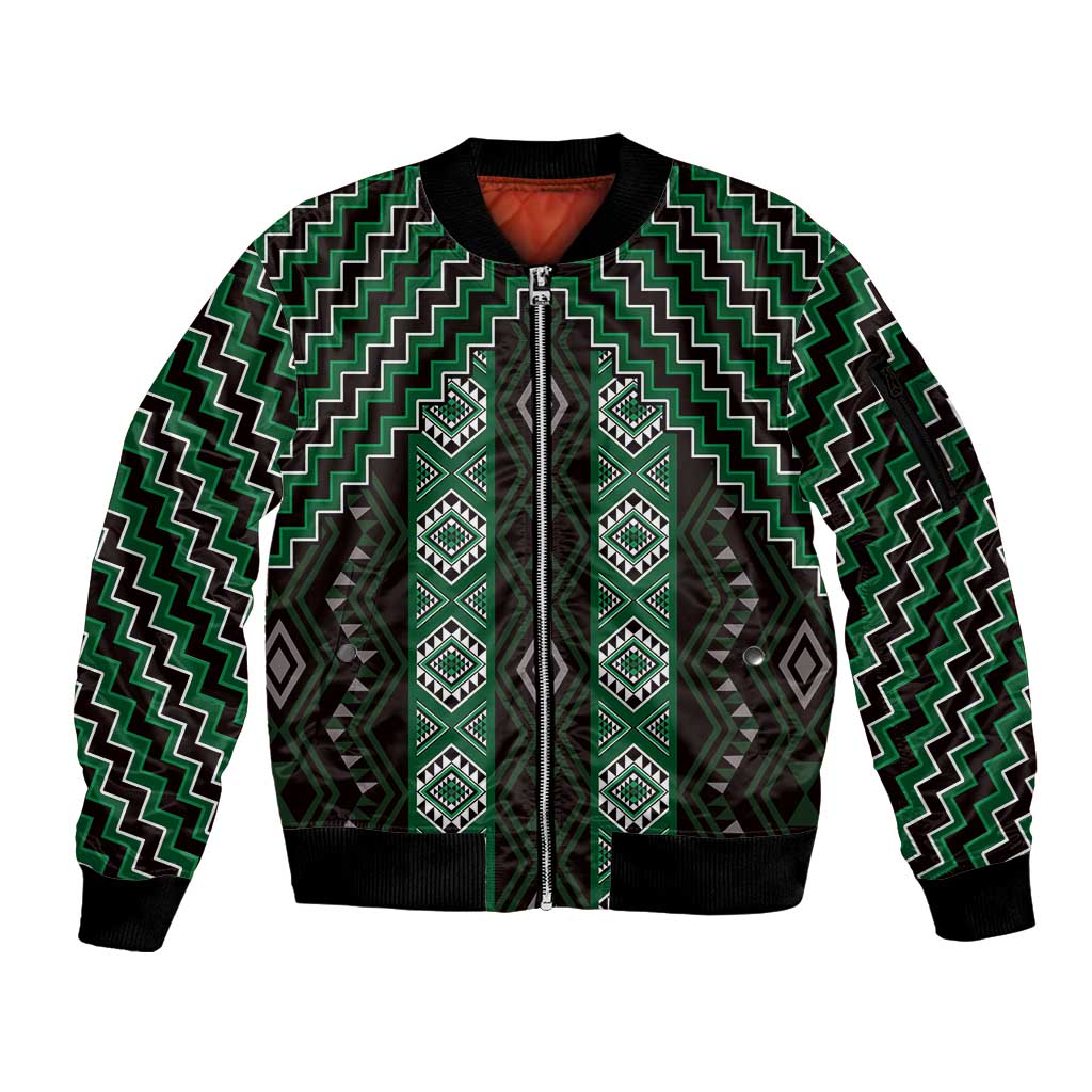 New Zealand Aotearoa Sleeve Zip Bomber Jacket Green Poutama With Taniko Pattern LT05