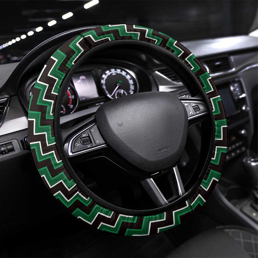 New Zealand Aotearoa Steering Wheel Cover Green Poutama With Taniko Pattern LT05