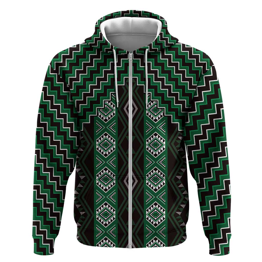 New Zealand Aotearoa Zip Hoodie Green Poutama With Taniko Pattern LT05 Zip Hoodie Green - Polynesian Pride