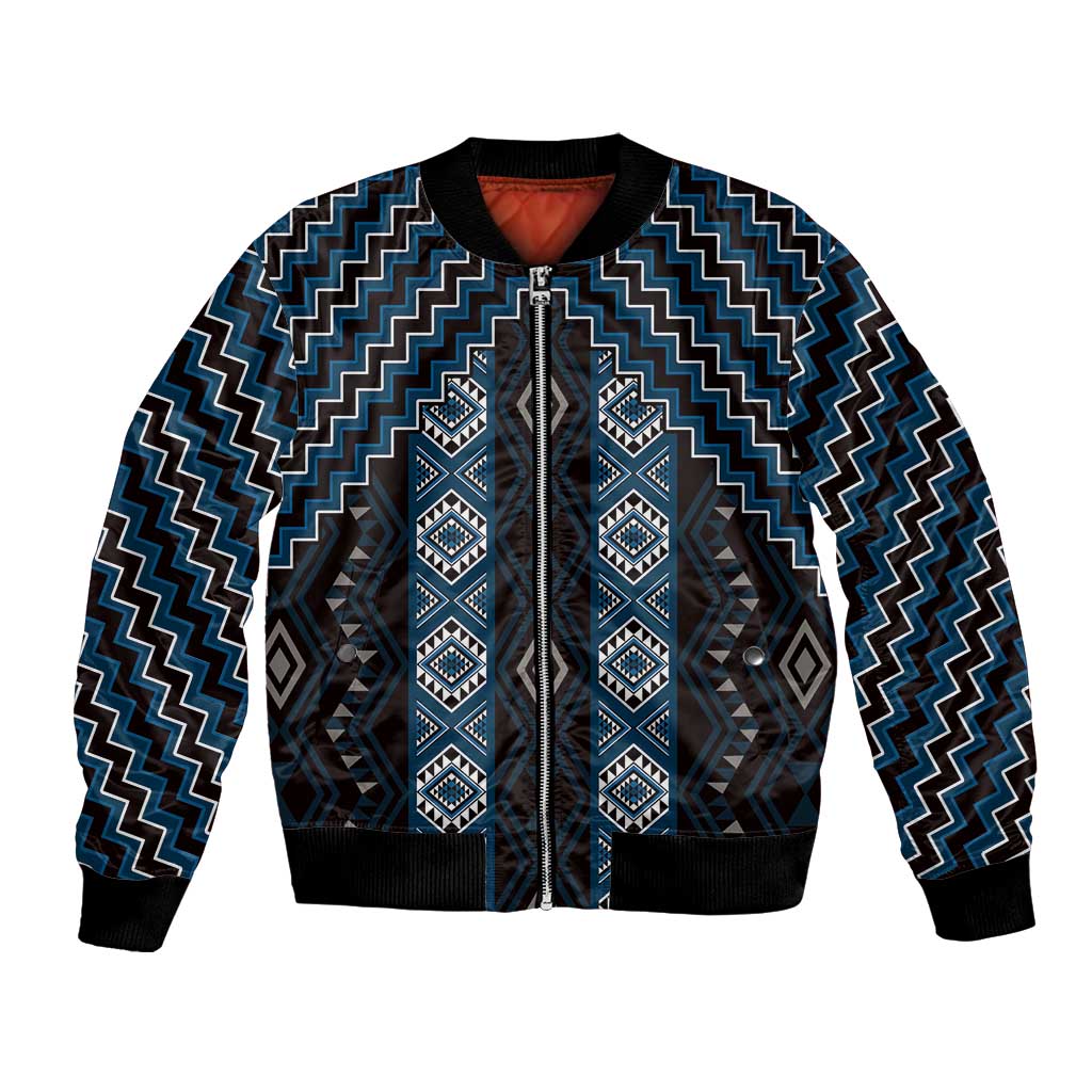 New Zealand Aotearoa Bomber Jacket Blue Poutama With Taniko Pattern LT05