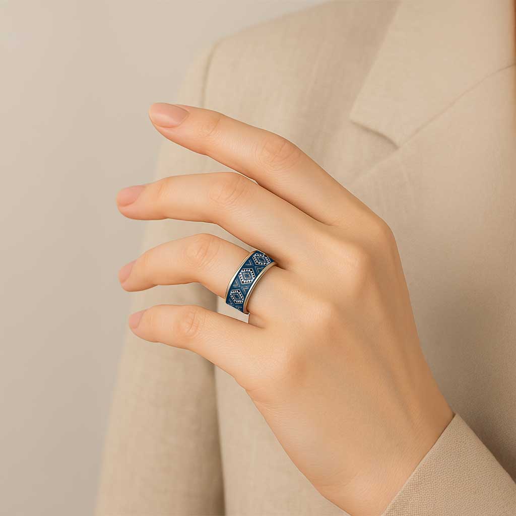 New Zealand Aotearoa Classic Ring Blue Poutama With Taniko Pattern - Polynesian Pride