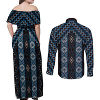 New Zealand Aotearoa Couples Matching Off Shoulder Maxi Dress and Long Sleeve Button Shirt Blue Poutama With Taniko Pattern LT05