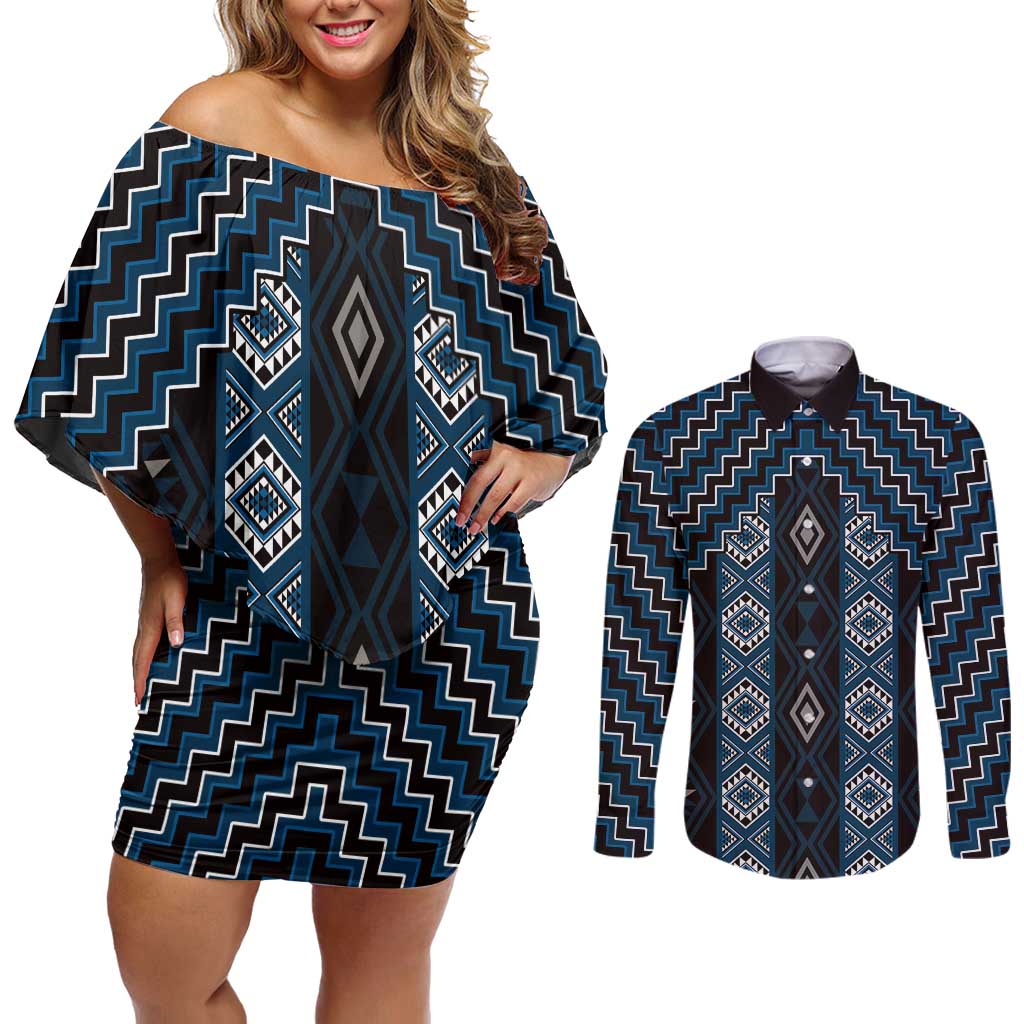 New Zealand Aotearoa Couples Matching Off Shoulder Short Dress and Long Sleeve Button Shirt Blue Poutama With Taniko Pattern LT05