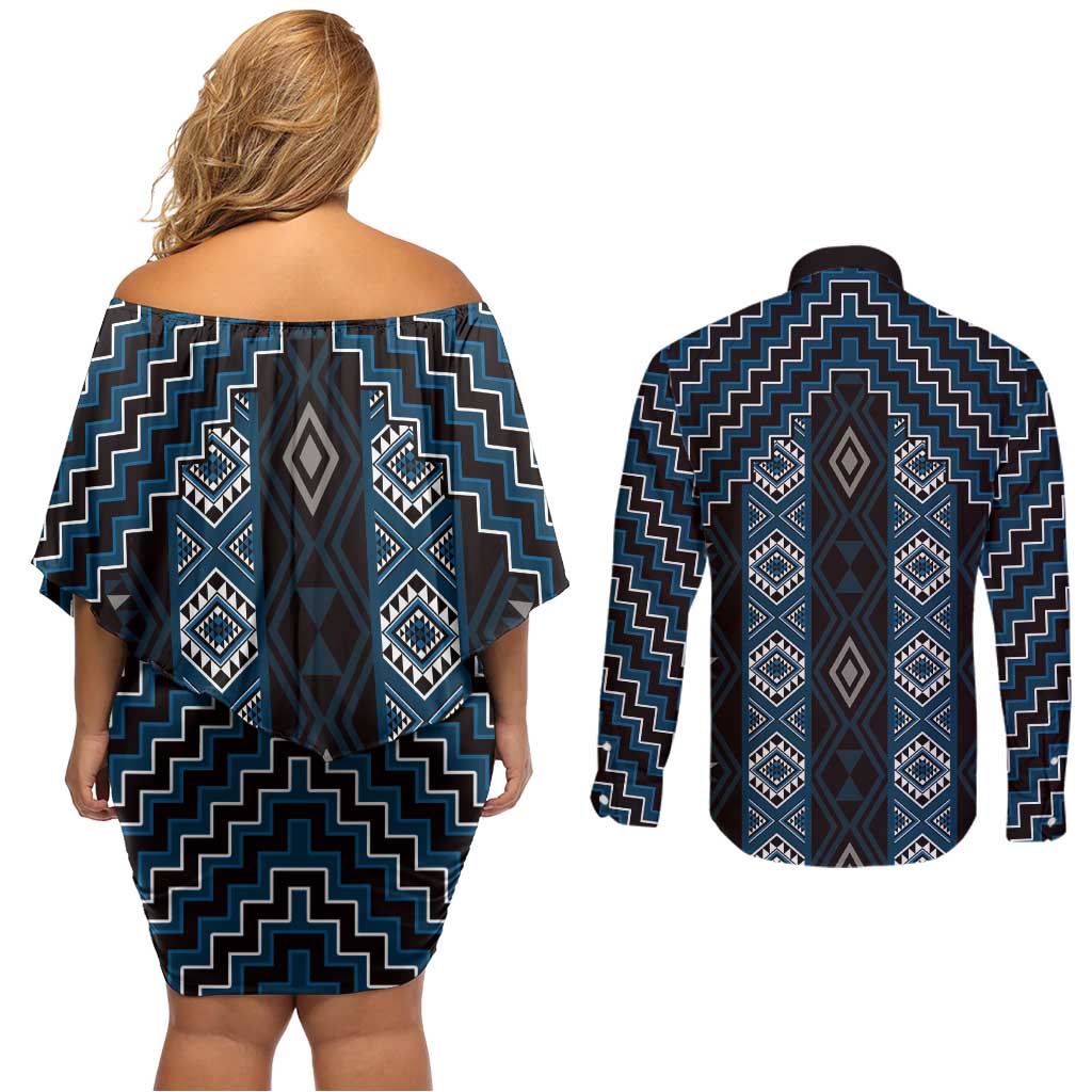 New Zealand Aotearoa Couples Matching Off Shoulder Short Dress and Long Sleeve Button Shirt Blue Poutama With Taniko Pattern LT05