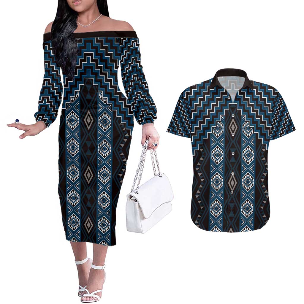 New Zealand Aotearoa Couples Matching Off The Shoulder Long Sleeve Dress and Hawaiian Shirt Blue Poutama With Taniko Pattern LT05