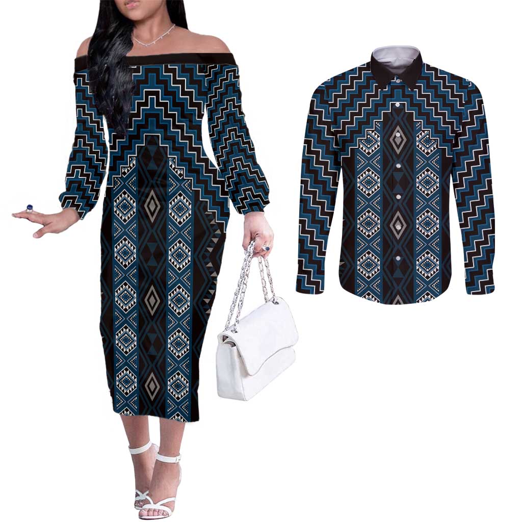 New Zealand Aotearoa Couples Matching Off The Shoulder Long Sleeve Dress and Long Sleeve Button Shirt Blue Poutama With Taniko Pattern LT05