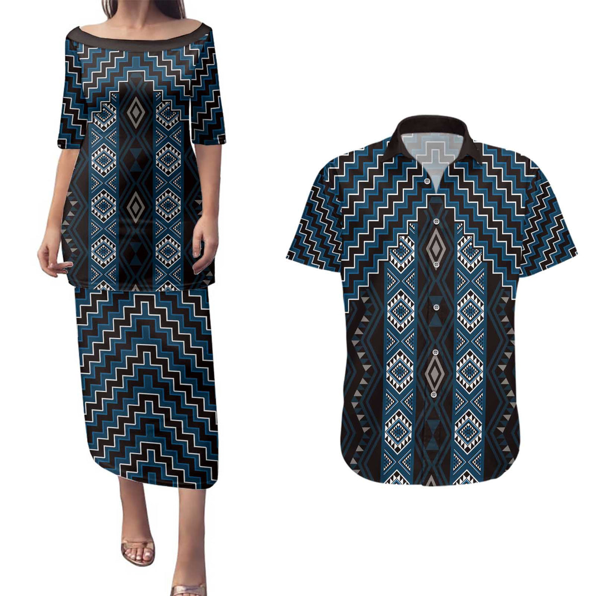 New Zealand Aotearoa Couples Matching Puletasi and Hawaiian Shirt Blue Poutama With Taniko Pattern LT05 Blue - Polynesian Pride