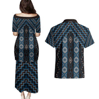 New Zealand Aotearoa Couples Matching Puletasi and Hawaiian Shirt Blue Poutama With Taniko Pattern LT05 - Polynesian Pride