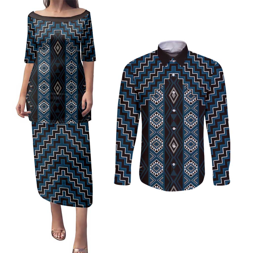 New Zealand Aotearoa Couples Matching Puletasi and Long Sleeve Button Shirt Blue Poutama With Taniko Pattern LT05