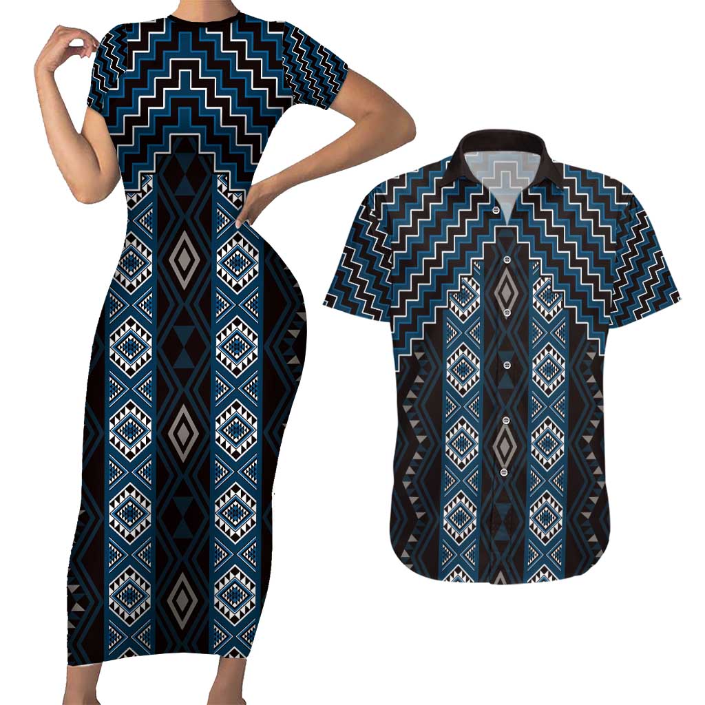 New Zealand Aotearoa Couples Matching Short Sleeve Bodycon Dress and Hawaiian Shirt Blue Poutama With Taniko Pattern LT05