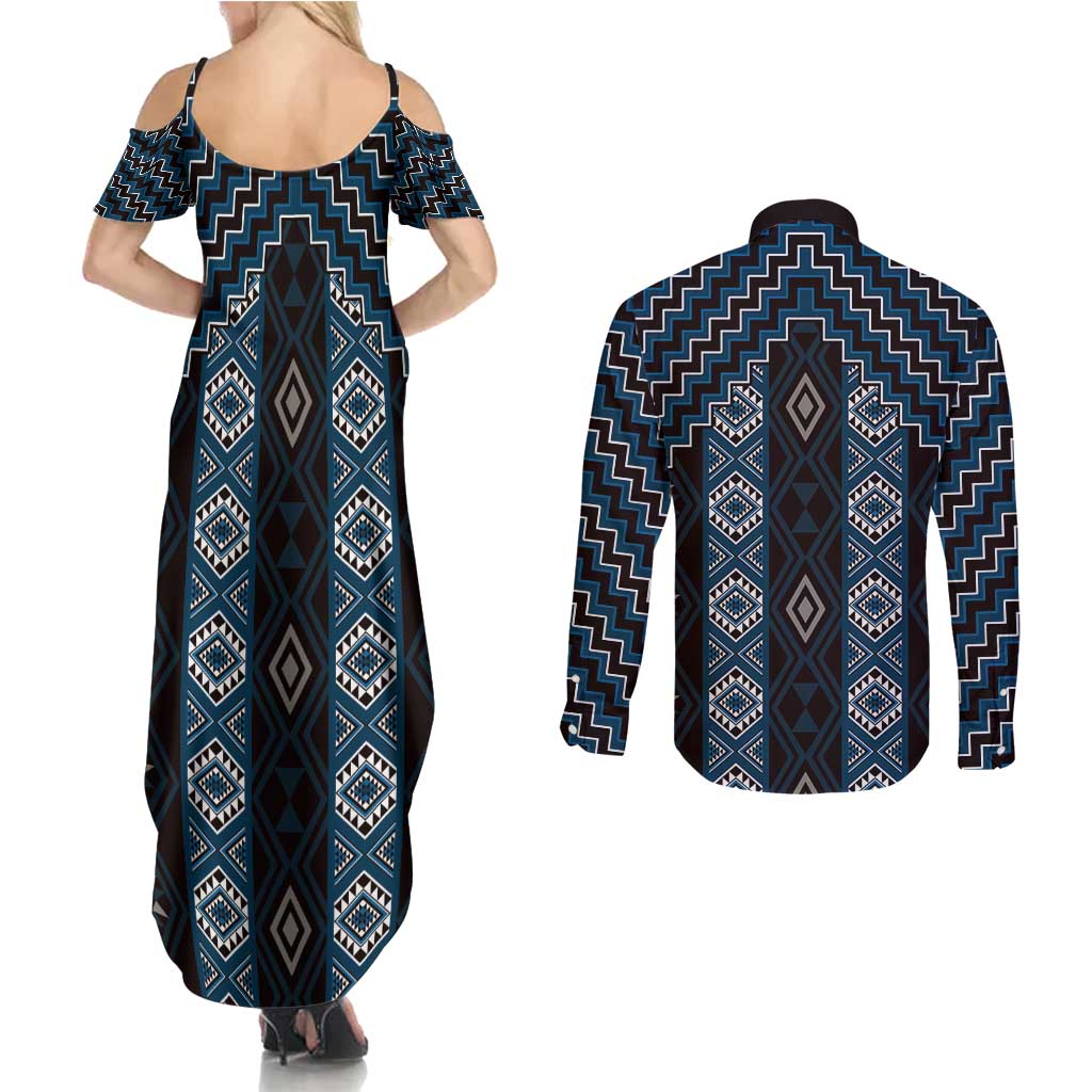 New Zealand Aotearoa Couples Matching Summer Maxi Dress and Long Sleeve Button Shirt Blue Poutama With Taniko Pattern LT05