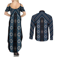 New Zealand Aotearoa Couples Matching Summer Maxi Dress and Long Sleeve Button Shirt Blue Poutama With Taniko Pattern LT05