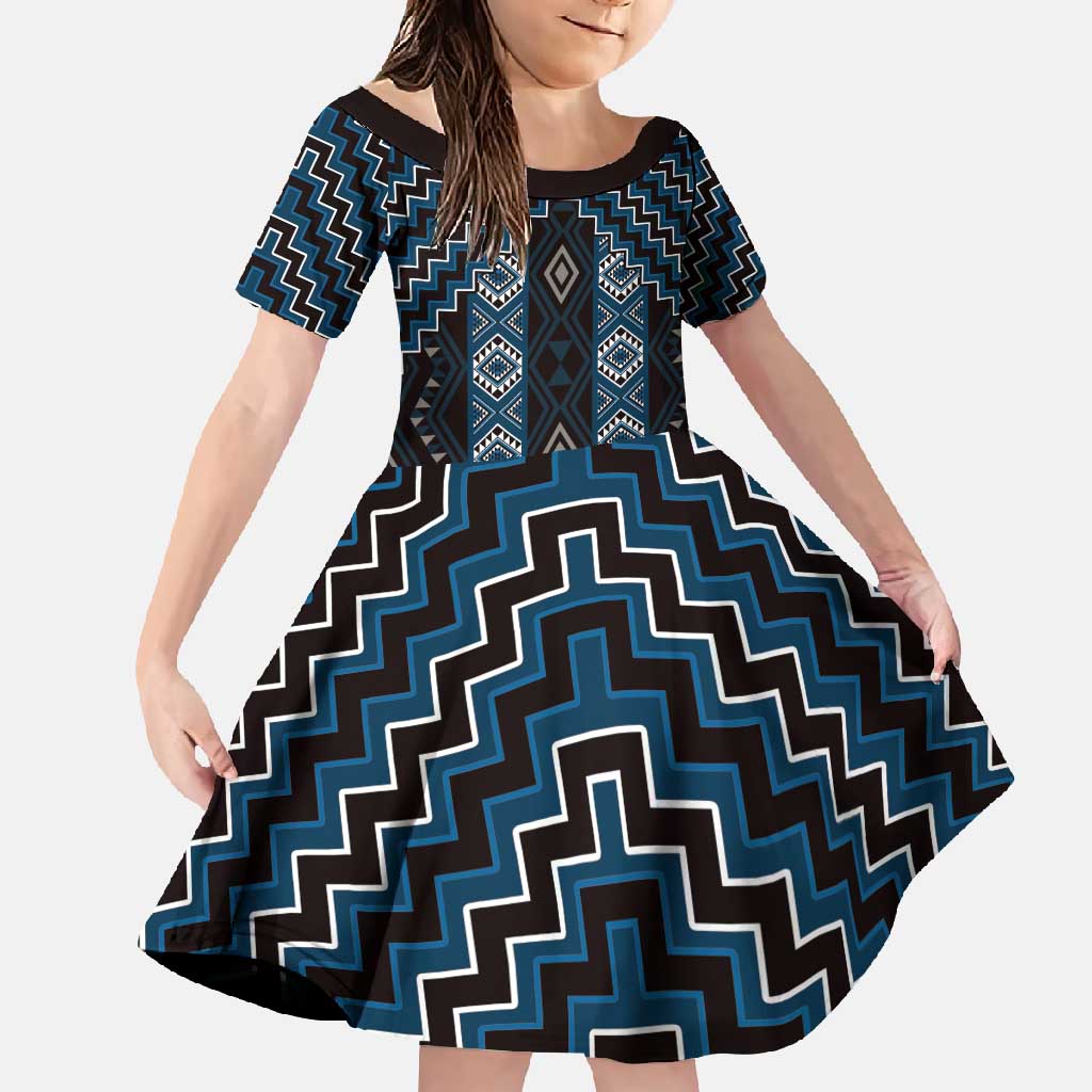 New Zealand Aotearoa Family Matching Long Sleeve Bodycon Dress and Hawaiian Shirt Blue Poutama With Taniko Pattern LT05 Daughter's Dress Blue - Polynesian Pride
