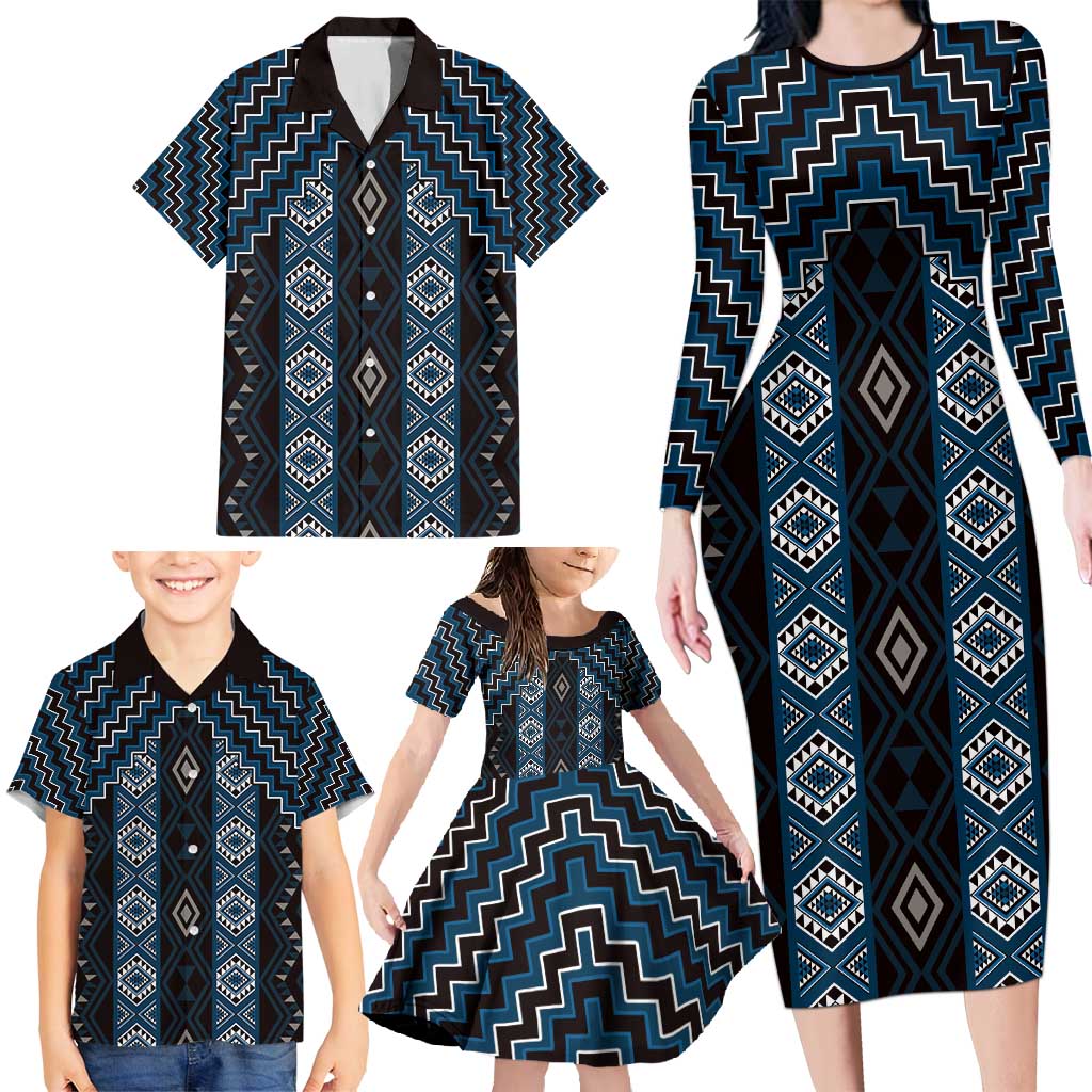 New Zealand Aotearoa Family Matching Long Sleeve Bodycon Dress and Hawaiian Shirt Blue Poutama With Taniko Pattern LT05 - Polynesian Pride