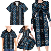 New Zealand Aotearoa Family Matching Long Sleeve Bodycon Dress and Hawaiian Shirt Blue Poutama With Taniko Pattern LT05 - Polynesian Pride