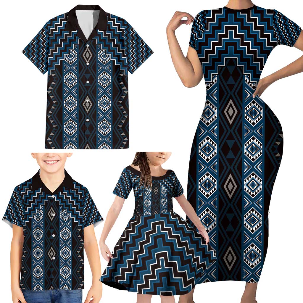 New Zealand Aotearoa Family Matching Short Sleeve Bodycon Dress and Hawaiian Shirt Blue Poutama With Taniko Pattern LT05 - Polynesian Pride