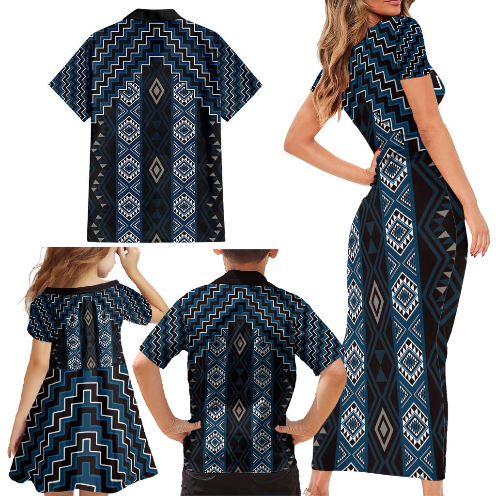 New Zealand Aotearoa Family Matching Short Sleeve Bodycon Dress and Hawaiian Shirt Blue Poutama With Taniko Pattern LT05 - Polynesian Pride