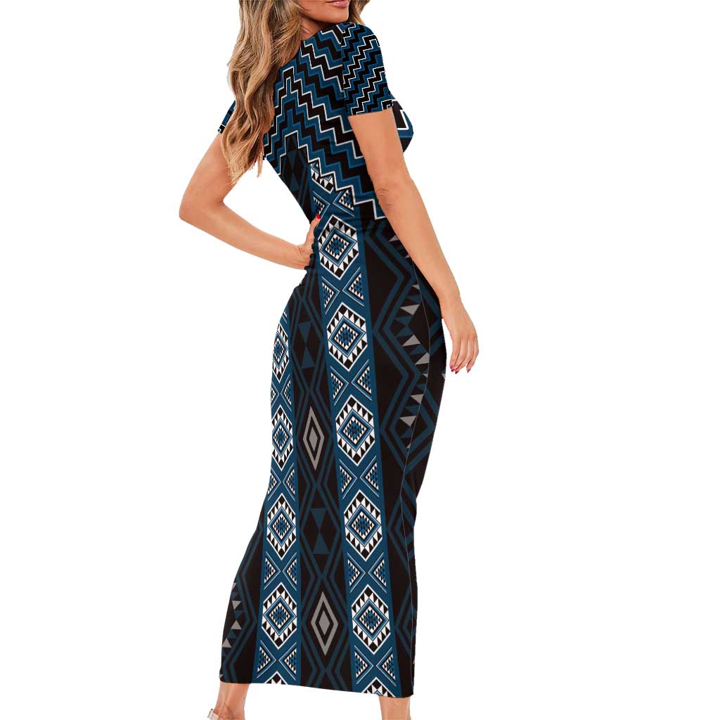 New Zealand Aotearoa Family Matching Short Sleeve Bodycon Dress and Hawaiian Shirt Blue Poutama With Taniko Pattern LT05 - Polynesian Pride