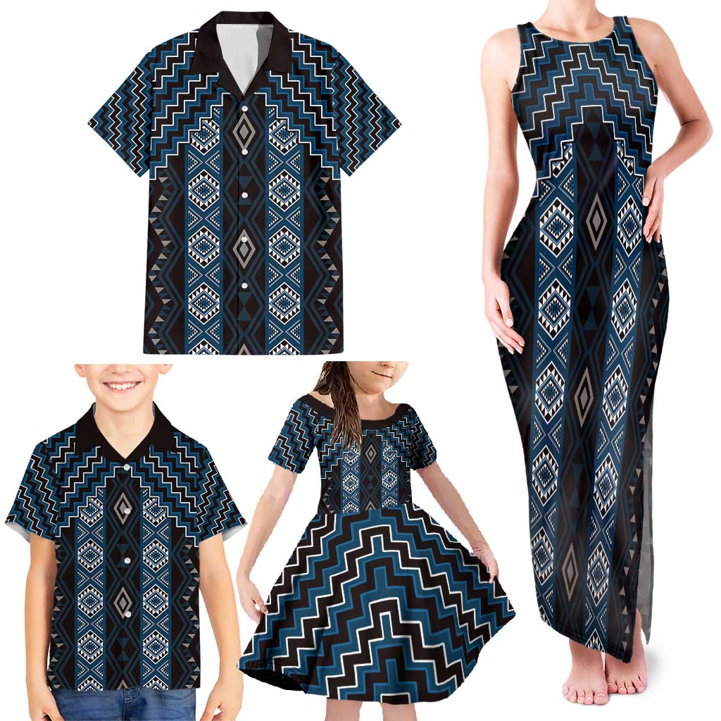 New Zealand Aotearoa Family Matching Tank Maxi Dress and Hawaiian Shirt Blue Poutama With Taniko Pattern LT05