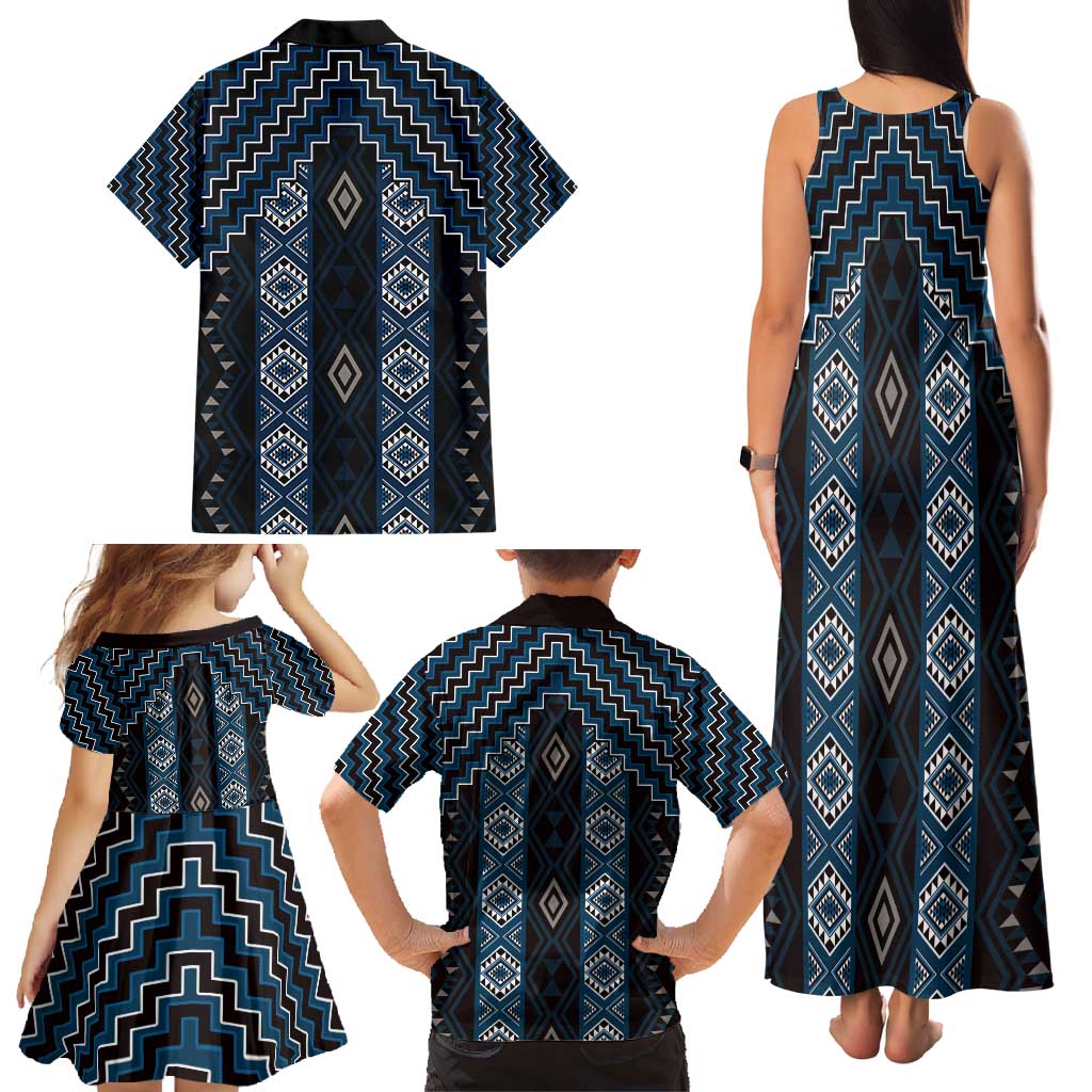 New Zealand Aotearoa Family Matching Tank Maxi Dress and Hawaiian Shirt Blue Poutama With Taniko Pattern LT05