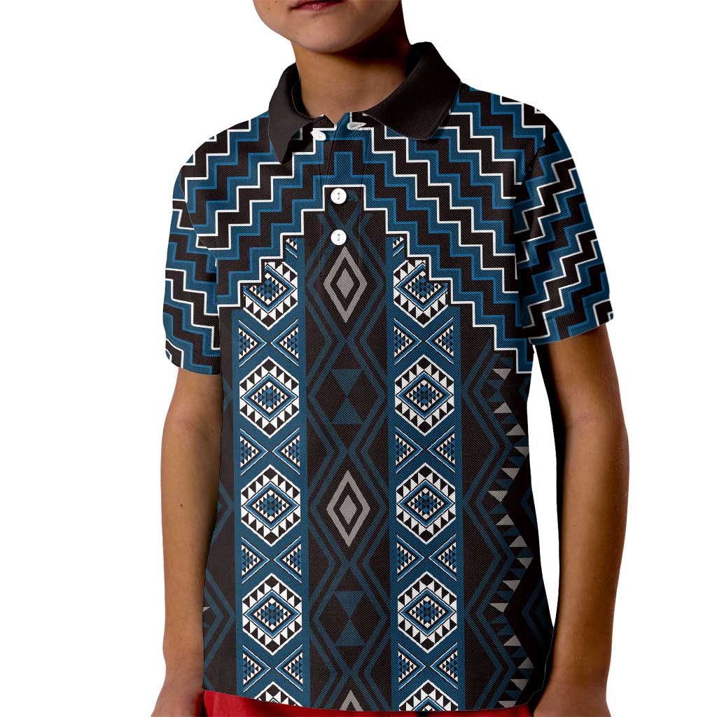 New Zealand Aotearoa Kid Polo Shirt Blue Poutama With Taniko Pattern LT05
