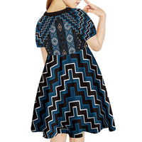 New Zealand Aotearoa Kid Short Sleeve Dress Blue Poutama With Taniko Pattern LT05 - Polynesian Pride