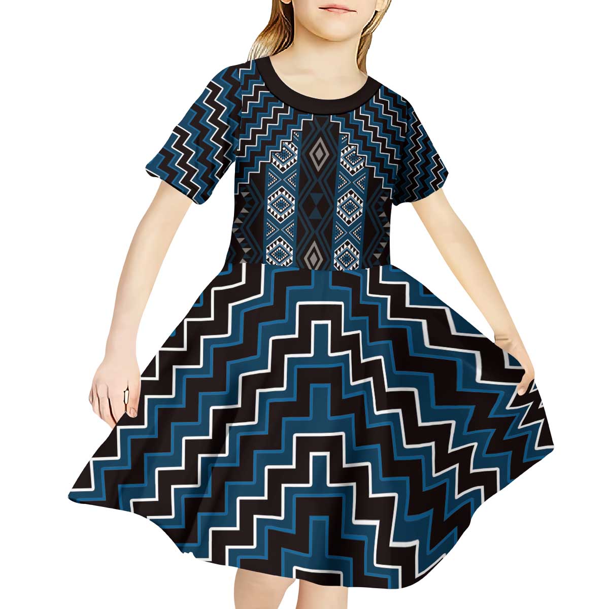New Zealand Aotearoa Kid Short Sleeve Dress Blue Poutama With Taniko Pattern LT05 - Polynesian Pride