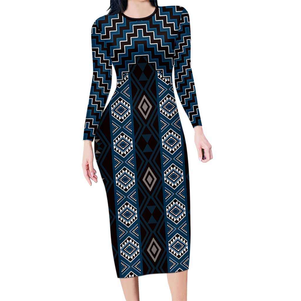 New Zealand Aotearoa Long Sleeve Bodycon Dress Blue Poutama With Taniko Pattern LT05