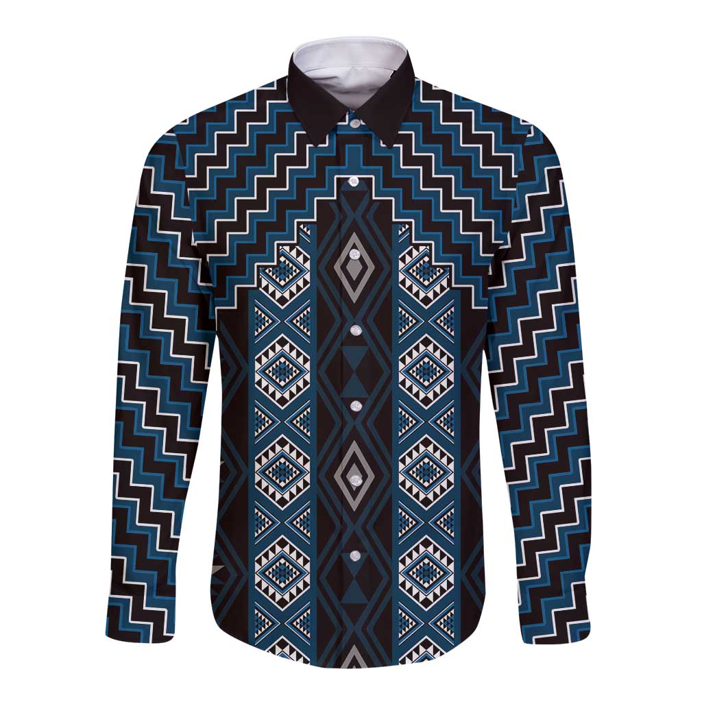 New Zealand Aotearoa Long Sleeve Button Shirt Blue Poutama With Taniko Pattern LT05