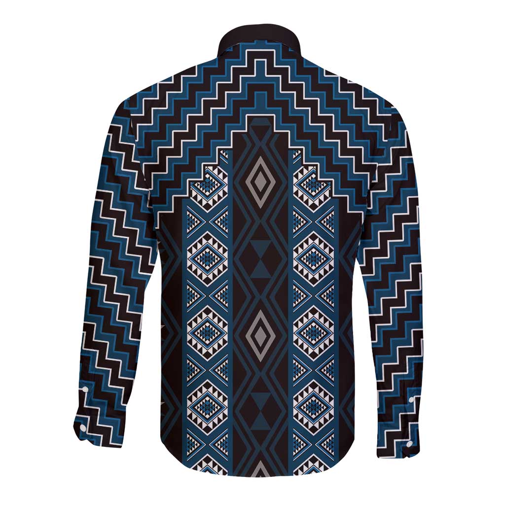 New Zealand Aotearoa Long Sleeve Button Shirt Blue Poutama With Taniko Pattern LT05