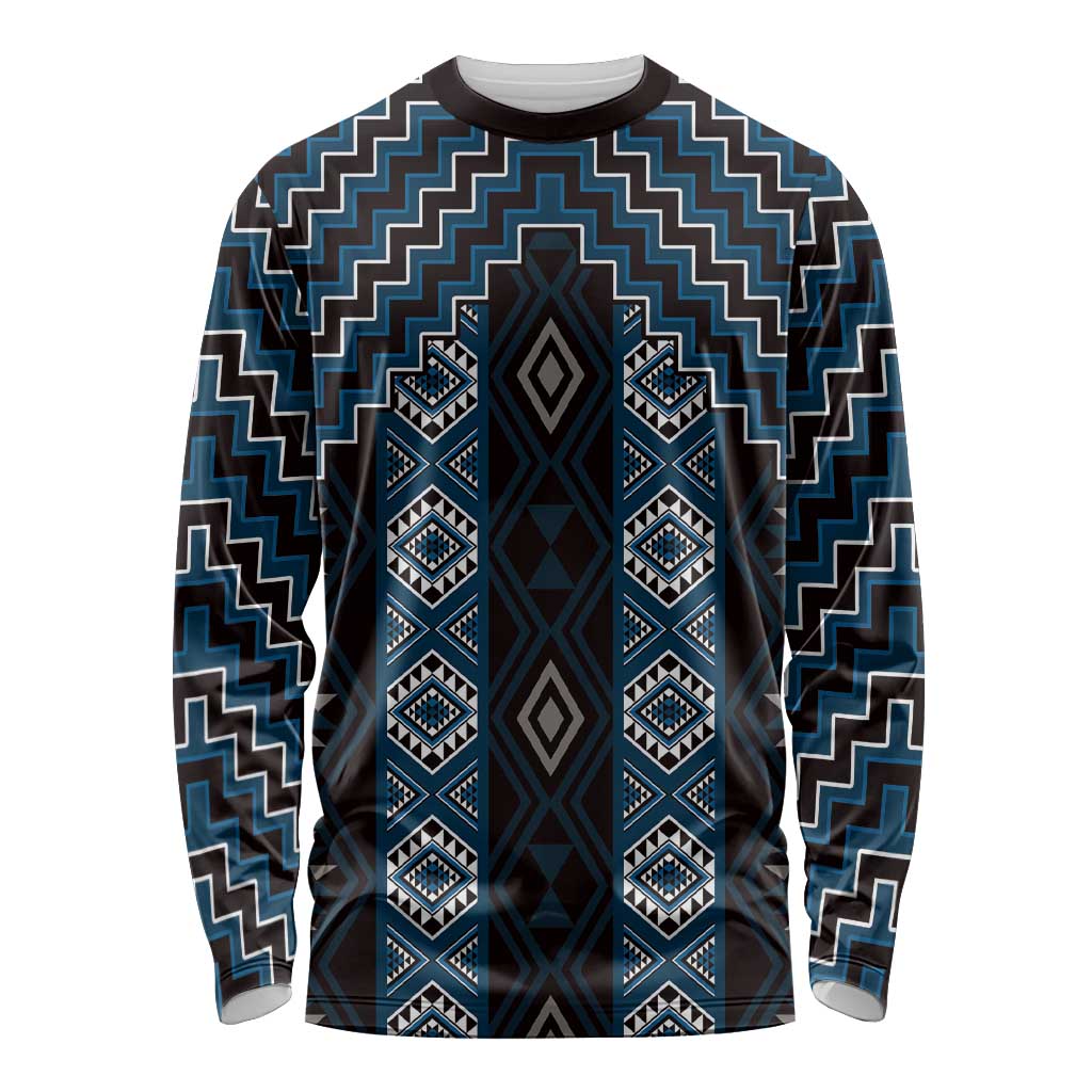 New Zealand Aotearoa Long Sleeve Shirt Blue Poutama With Taniko Pattern LT05