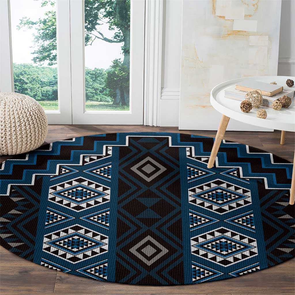 New Zealand Aotearoa Round Carpet Blue Poutama With Taniko Pattern LT05