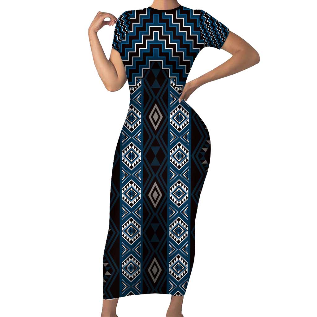 New Zealand Aotearoa Short Sleeve Bodycon Dress Blue Poutama With Taniko Pattern LT05